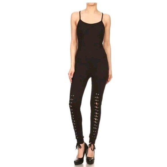 Lace-up Black Buttery Soft Tank Stretch Jumpsuit Size Large XL - Picture 2 of 5